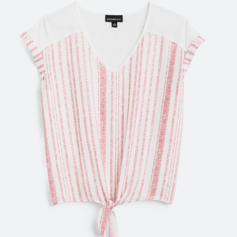 FORTUNE + IVY Clarese Tie Front Mixed Material Top